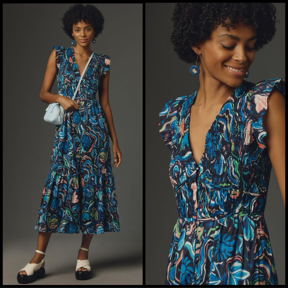 Anthropologie Blue Multicolor Midi Dress - Picture 4 of 16